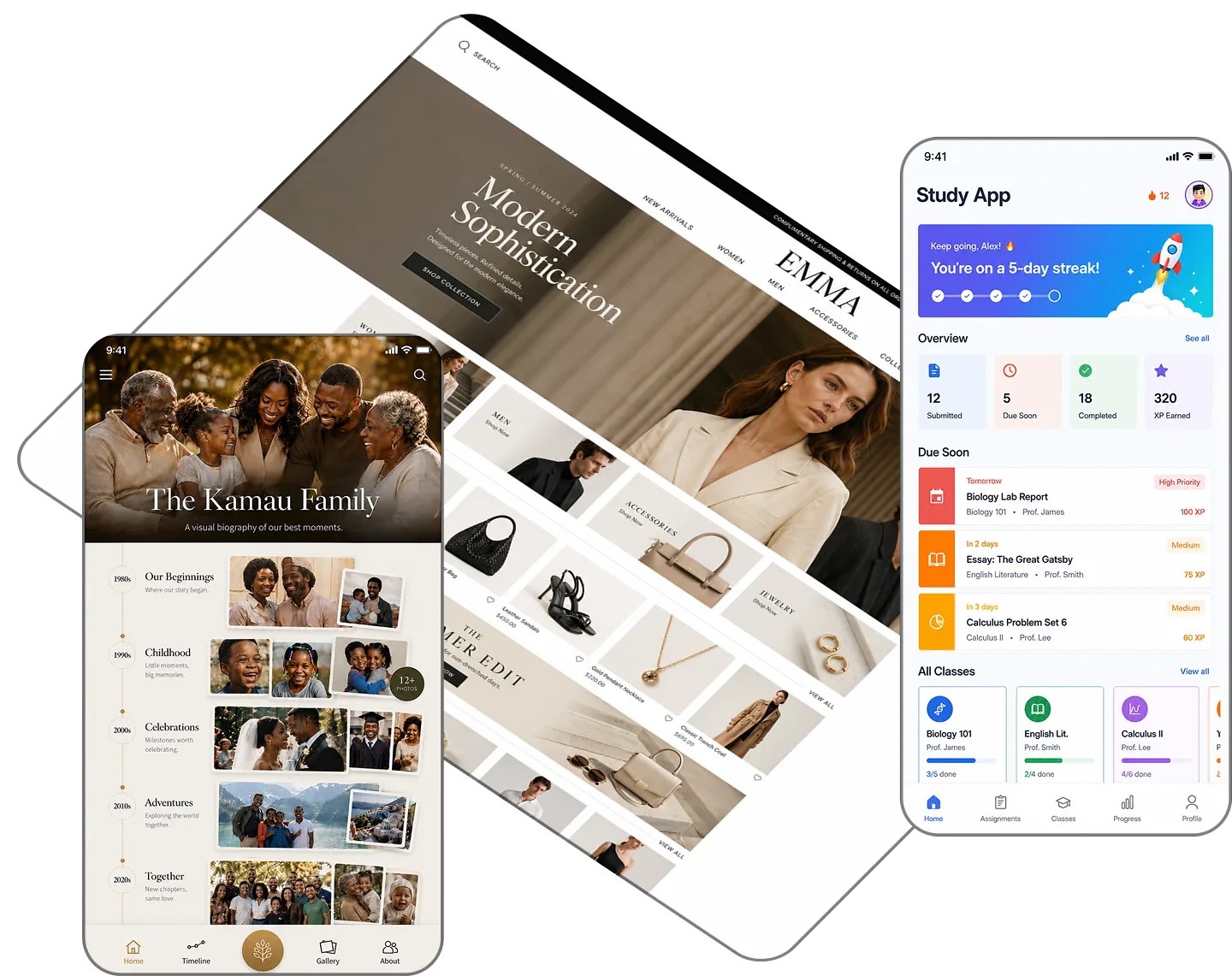 Example projects students build on Pioneers Lab: a website, an online store, and an app