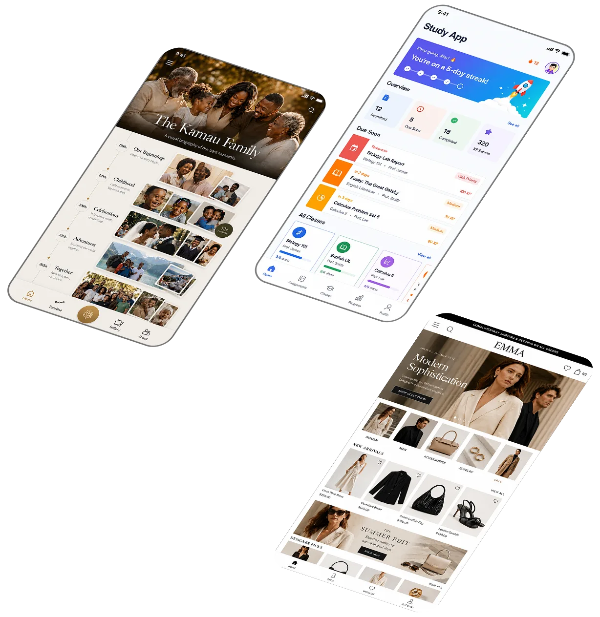 Examples of finished student products: a family memory app, a study app, and an online store